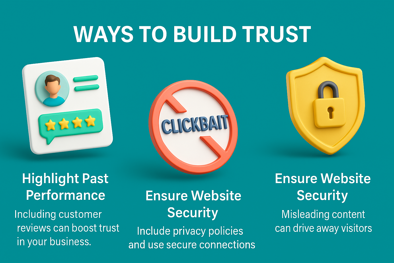 ways to build trust: reviews, security, and avoiding clickbait.