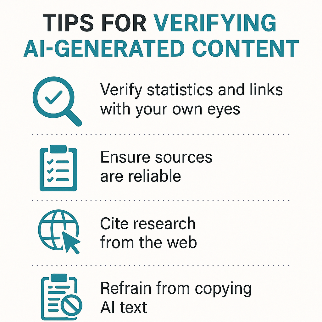 Infographic with tips for verifying AI-generated content: check stats, sources, cite research, and avoid copying.