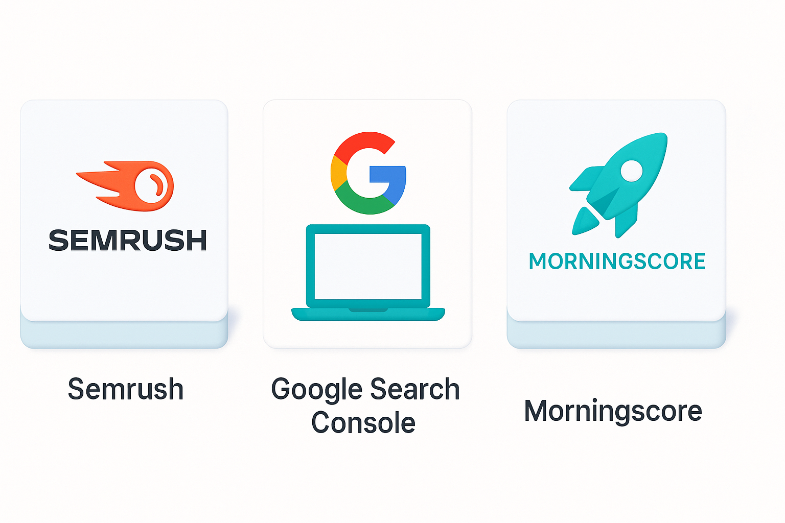 Infographic showing three SEO tools: Semrush, Google Search Console, and Morningscore with icons and names.
