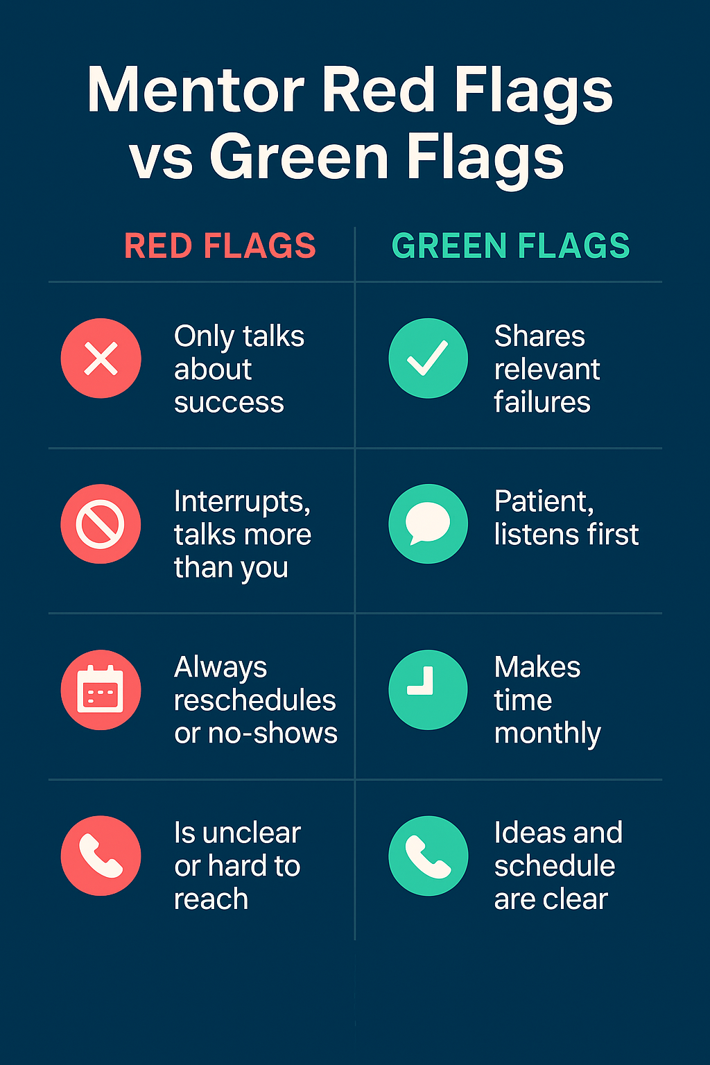 Infographic comparing mentor red flags vs green flags, highlighting traits like listening, consistency, and communication clarity.