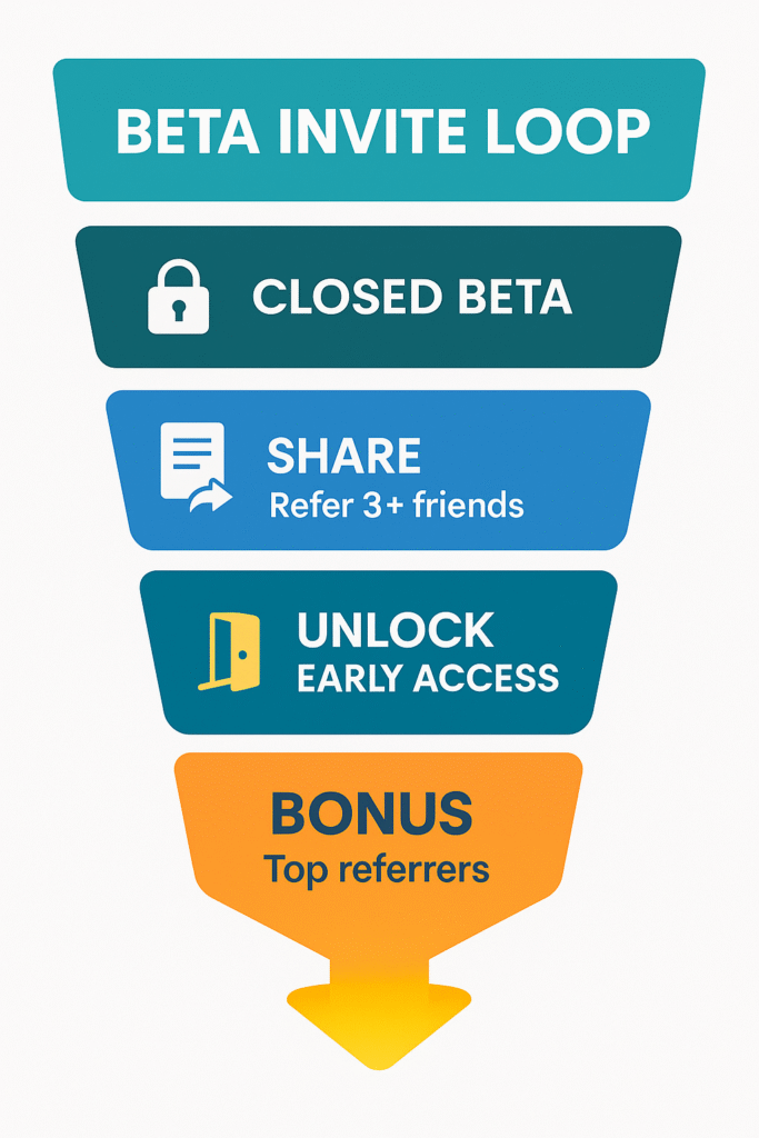 Infographic showing the Beta Invite Loop funnel: closed beta, referrals, early access, and bonus for top referrers.