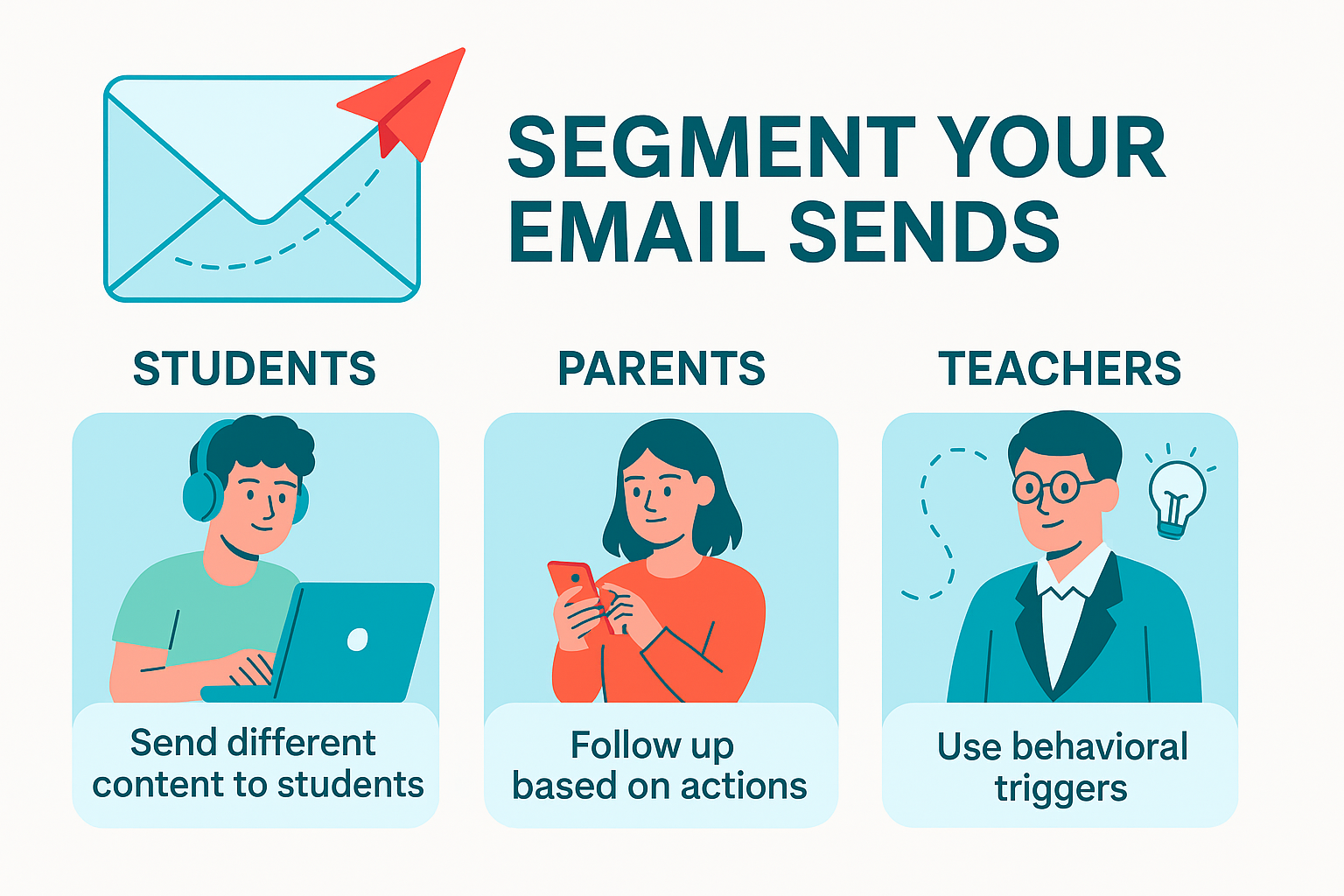 Infographic showing email segmentation for students, parents, and teachers with personalized strategies.