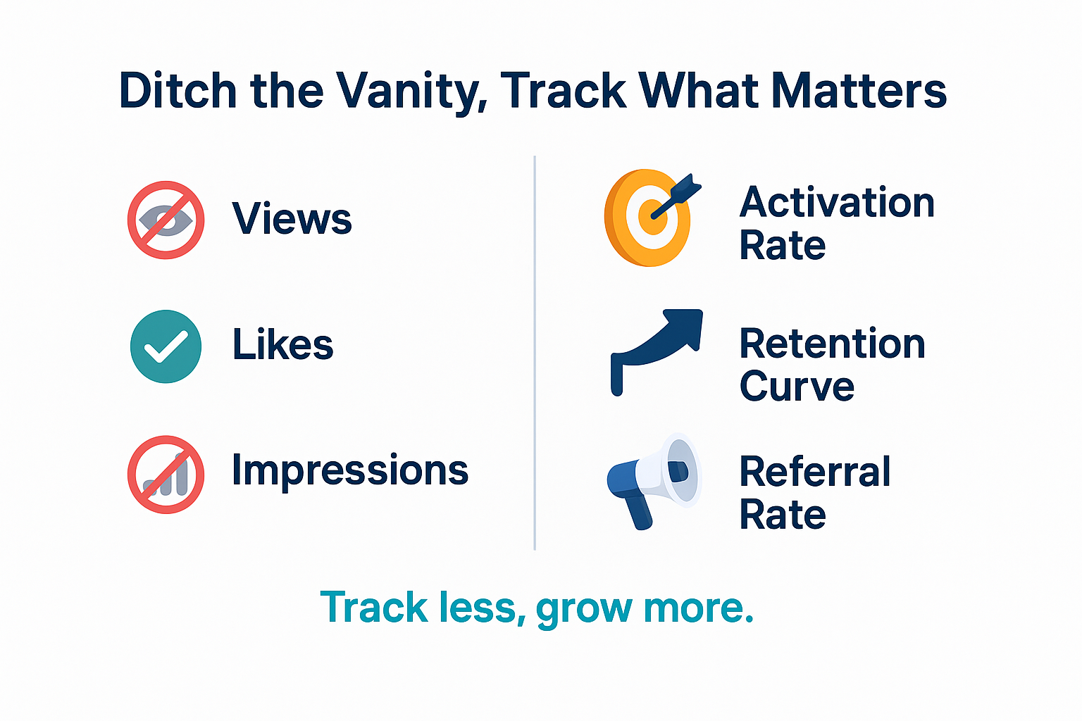 Infographic comparing vanity metrics like views to growth metrics like activation, retention, and referral rate.