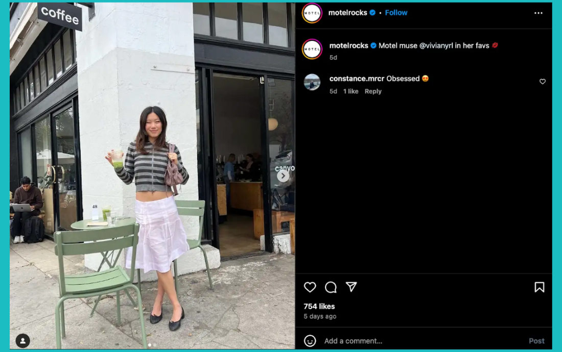 Use of influencer advertising to show how product use look like by Motel Rocks