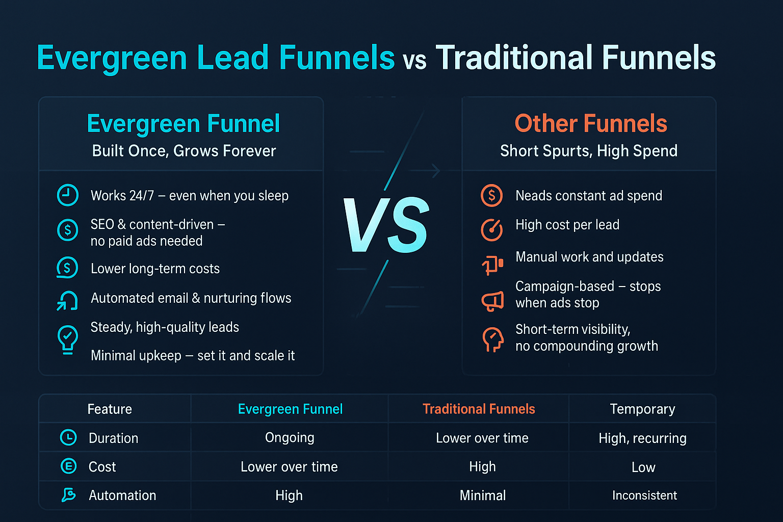 Infographic comparing evergreen and traditional lead funnels with benefits, icons, and a feature chart