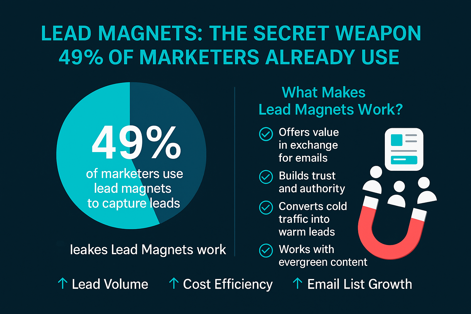 Infographic showing 49% of marketers use lead magnets, with icons for lead growth, cost savings, and email list building