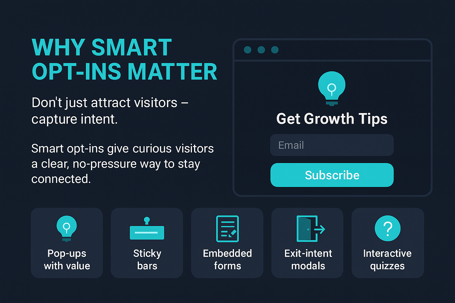 Infographic showing why smart opt-ins like pop-ups, sticky bars, and quizzes help capture visitor intent and grow email lists