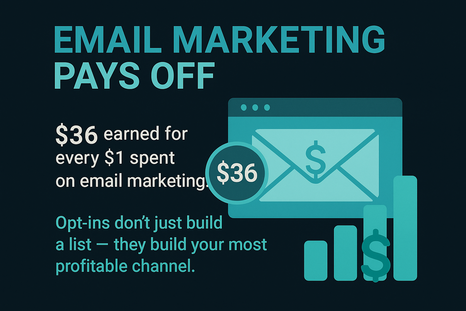 Infographic showing email marketing ROI: $36 earned per $1 spent. Highlights opt-ins as key to building a profitable channel