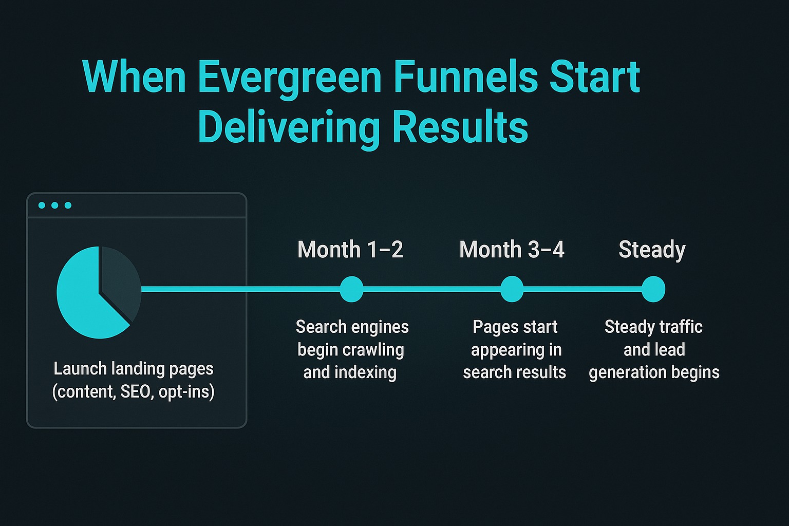 Infographic timeline titled "When Evergreen Funnels Start Delivering Results" showing progress from launch to steady lead generation by Month 6