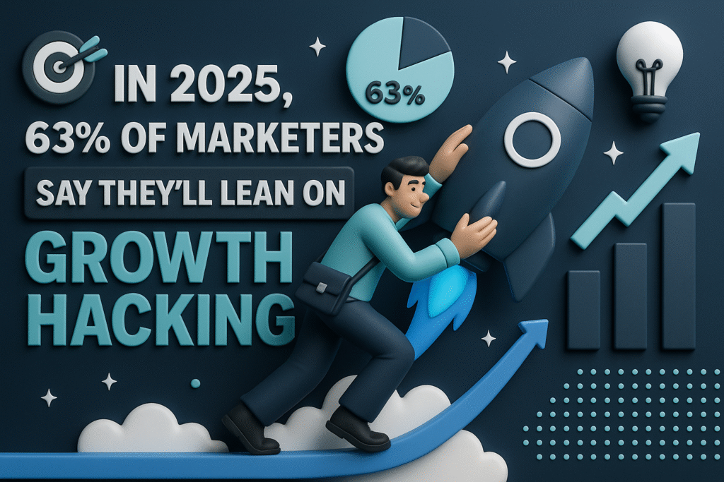 infographic showing that 63% of marketers will use growth hacking in 2025, featuring rocket, charts, and upward trend visuals
