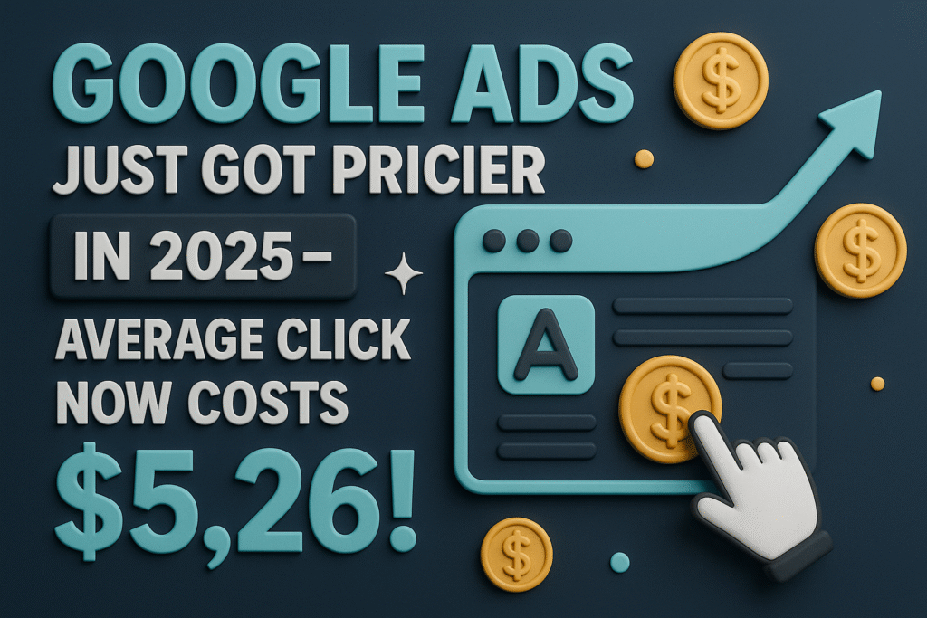 infographic showing Google Ads click cost rising to $5.26 in 2025, with bold text, coins, cursor, and upward trend arrow