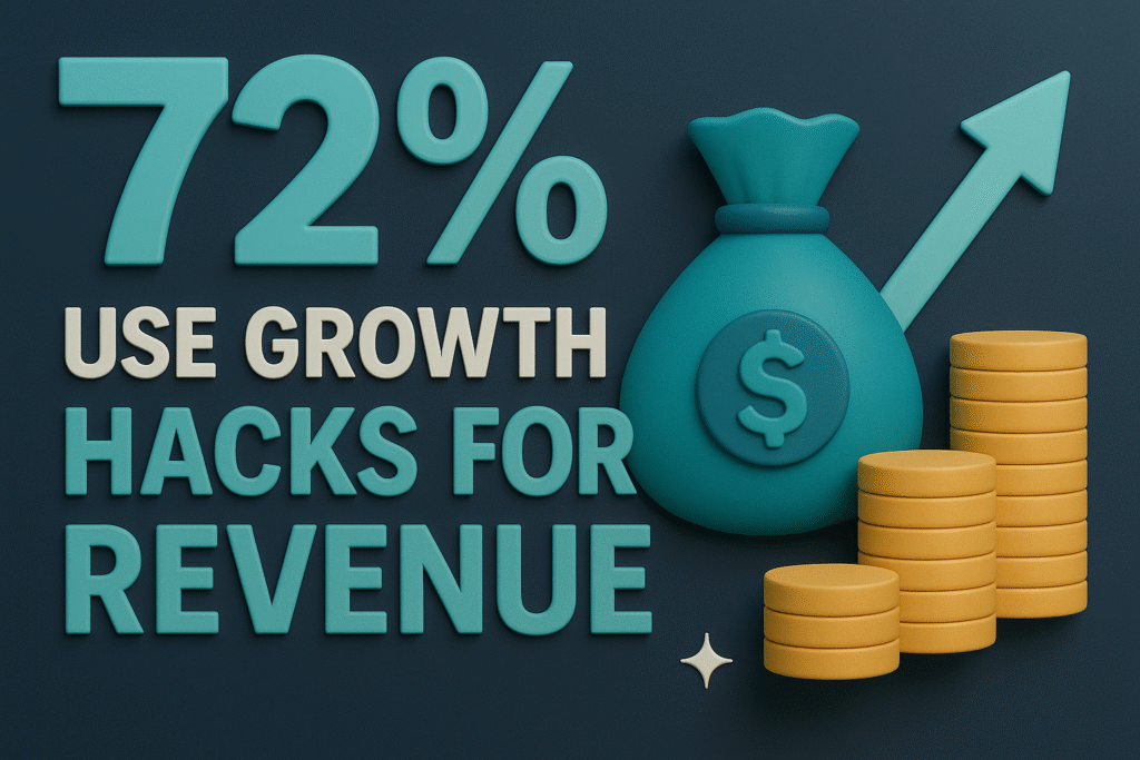 infographic showing that 72% of companies use growth hacks for revenue, featuring money bag, coins, and upward arrow visuals