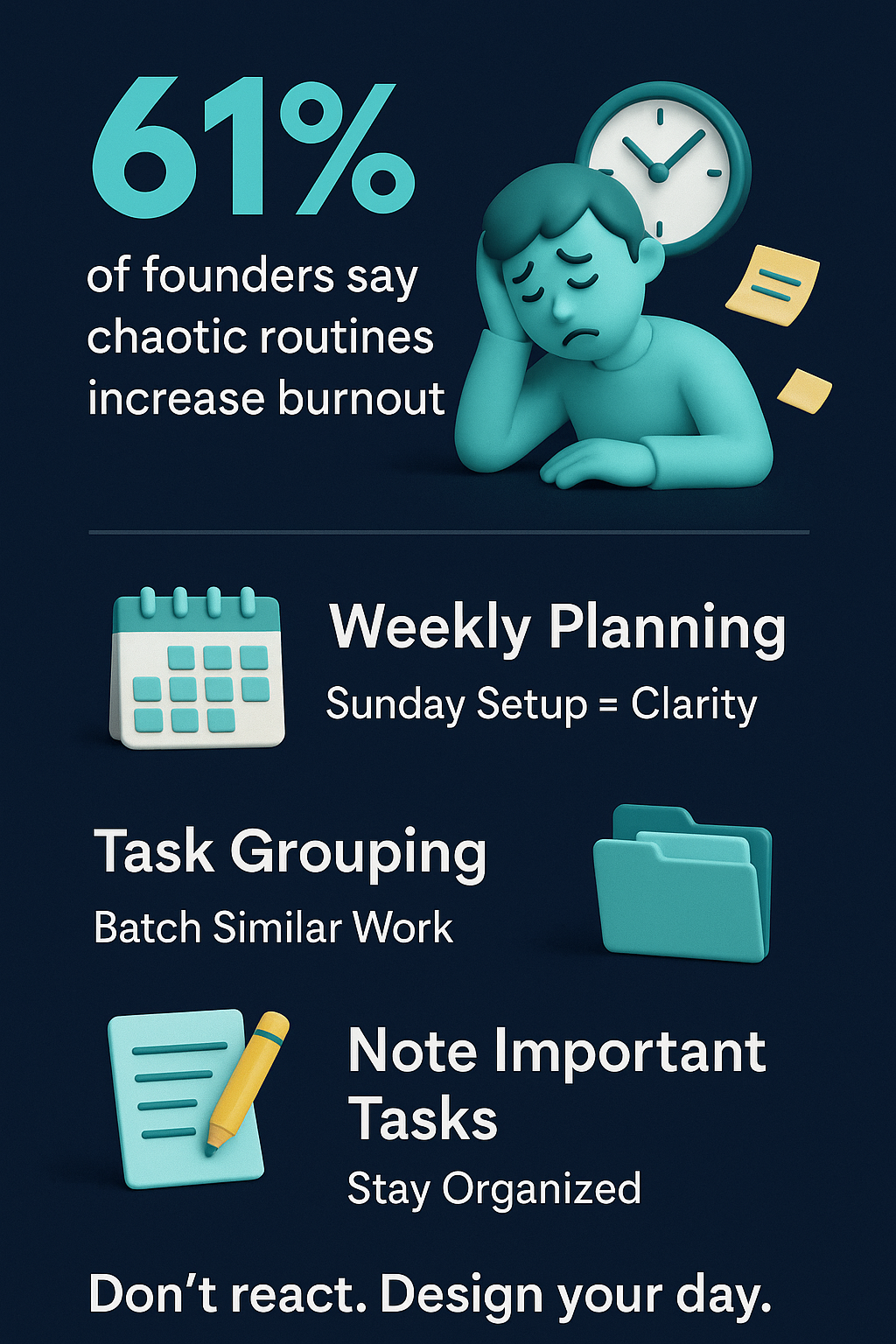 Infographic showing 61% of founders link chaotic routines to burnout, with icons for planning, task grouping, and organized workflows.