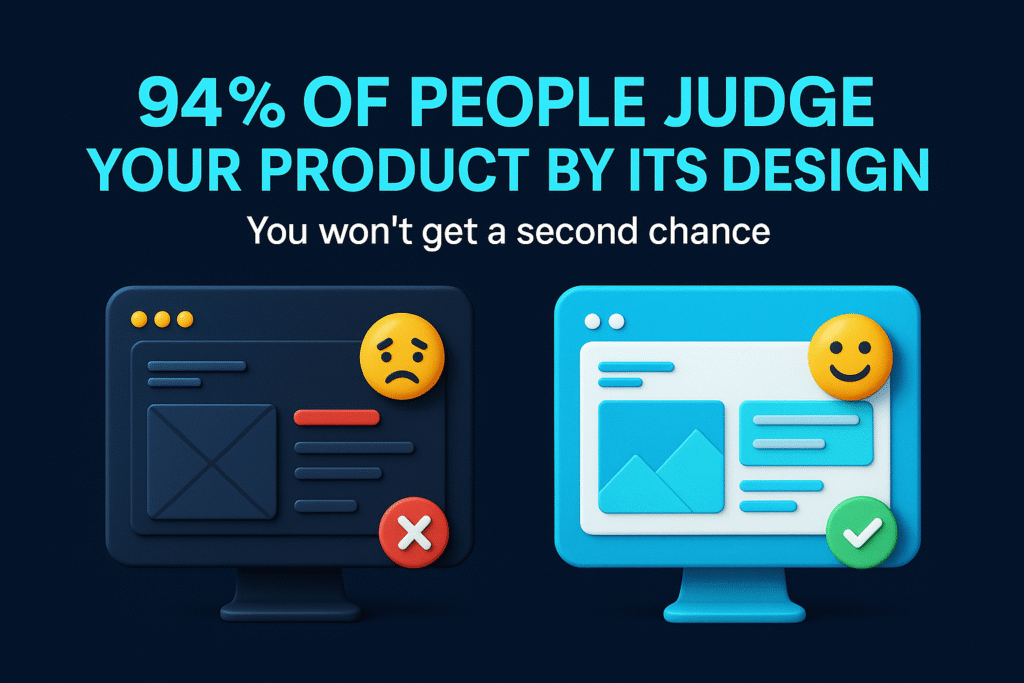 94% of people judge a product by its design - infographic shows good vs bad UI with happy and sad faces on dark navy background.