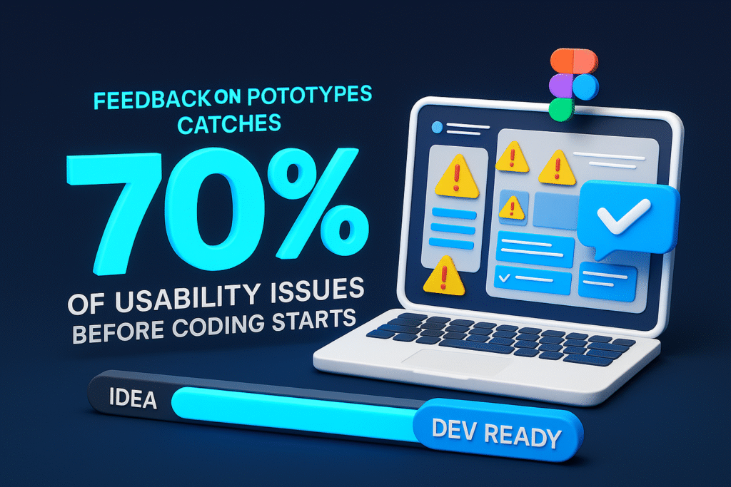 3D infographic showing 70% of usability issues found from prototype feedback, with laptop, warning icons, and idea-to-dev progress bar.