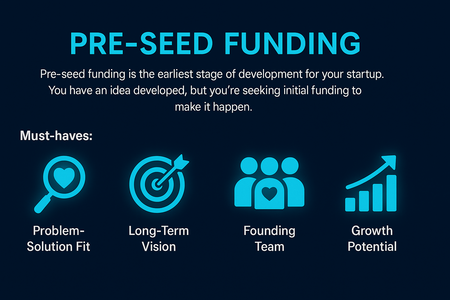 Infographic on pre-seed funding must-haves for startups, including problem-solution fit, long-term vision, founding team, and growth potential