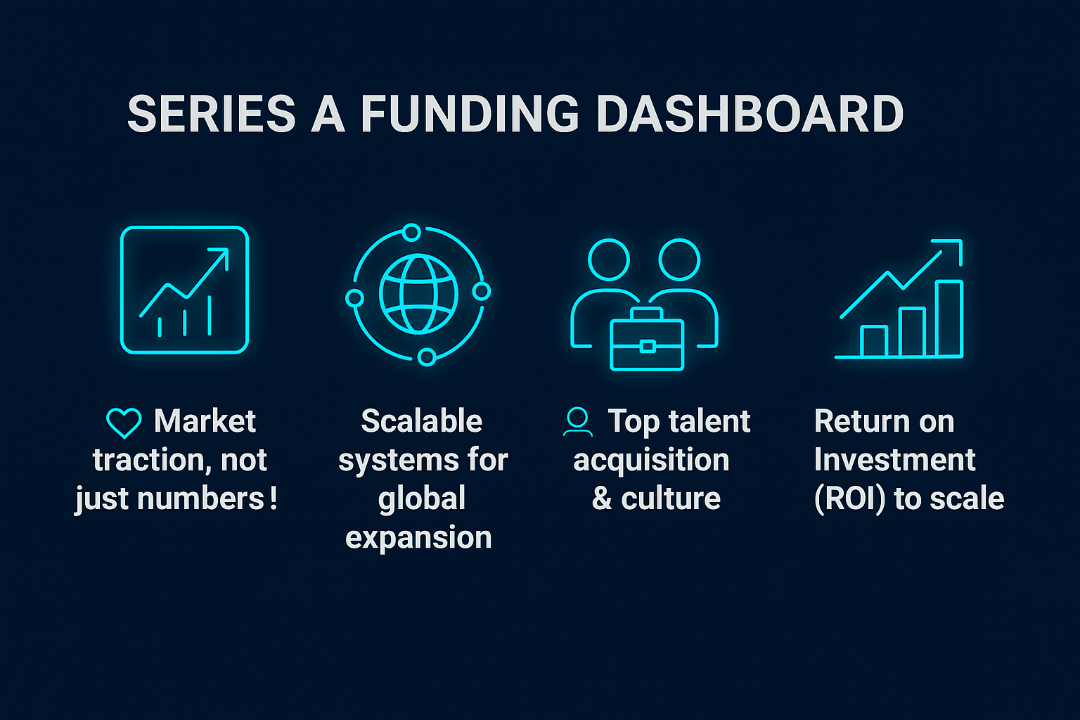 Infographic showing Series A funding tips: market traction, scalable systems, top talent acquisition, and ROI-focused scaling strategies