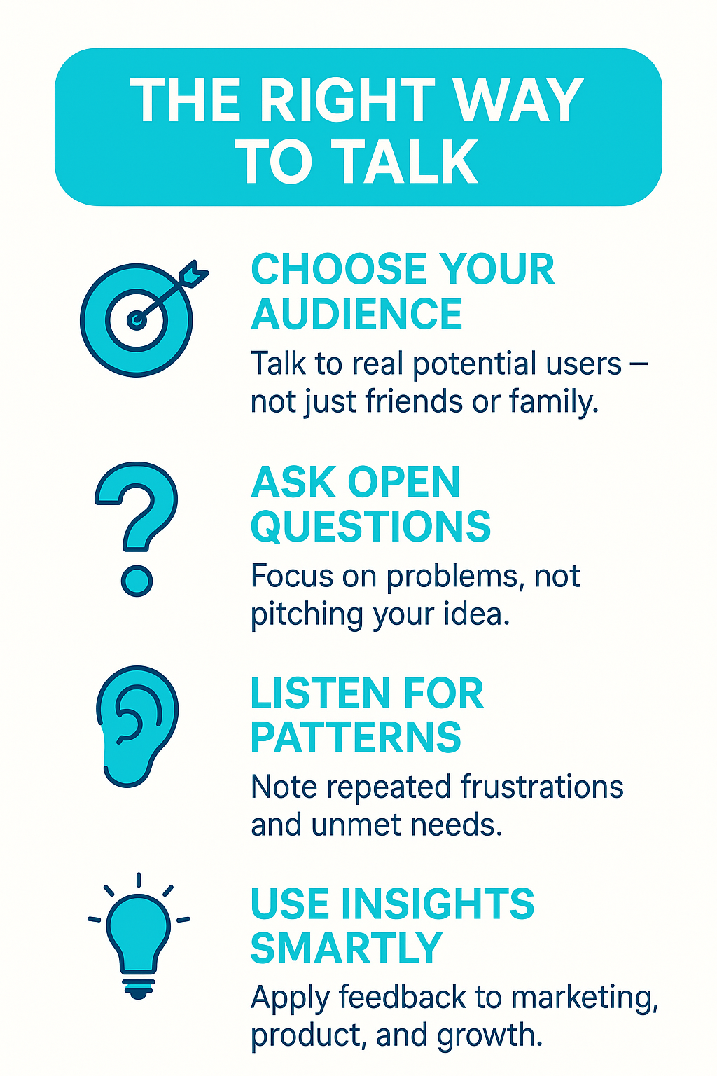 "Infographic showing how to talk to potential customers: choose audience, ask open questions, listen for patterns, use insights