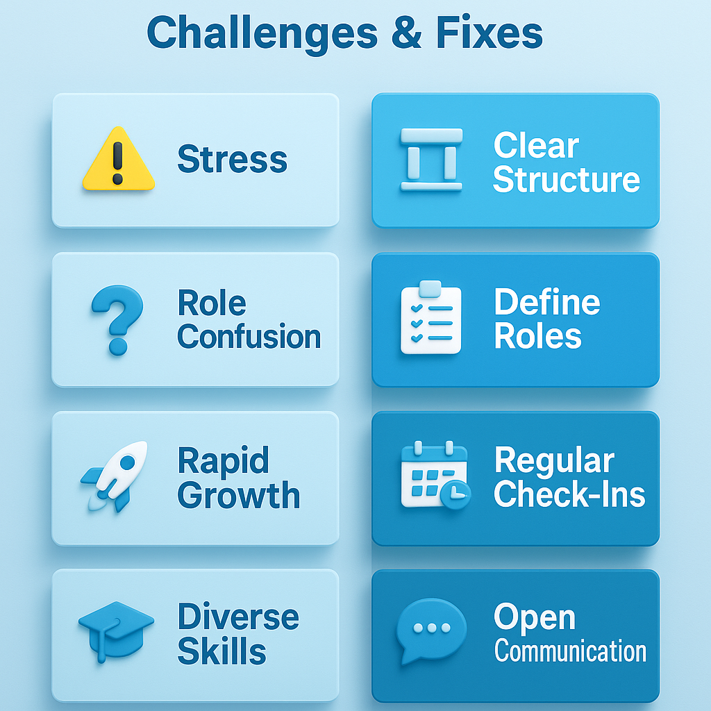 Startup team challenges and fixes infographic with stress, role confusion, rapid growth, and diverse skills