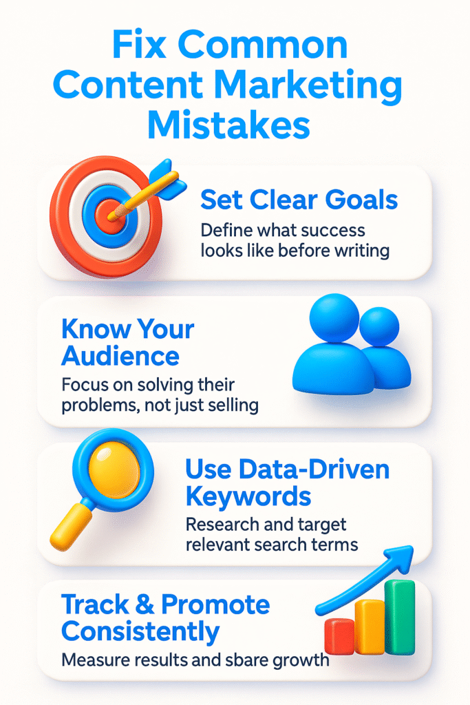 Fix common content marketing mistakes infographic with colorful 3D icons and tips on setting goals, knowing audience, keyword research, and promotion