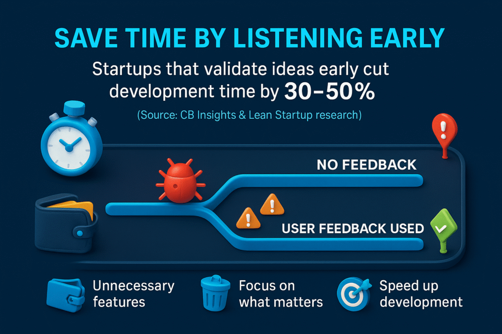 3D infographic showing how early feedback saves time, with a stat on 30–50% faster development and icons for bugs, waste, and focus.