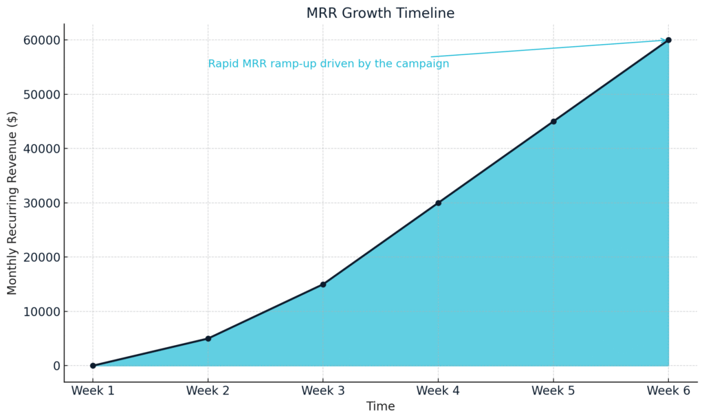Area chart showing MRR growth from $0 to $60K in six weeks, illustrating fast recurring revenue ramp-up driven by a marketing campaign