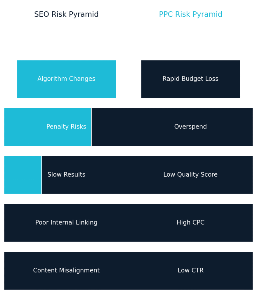 pyramid chart showing SEO and PPC risk levels, with top risks like algorithm changes and budget loss at the peak
