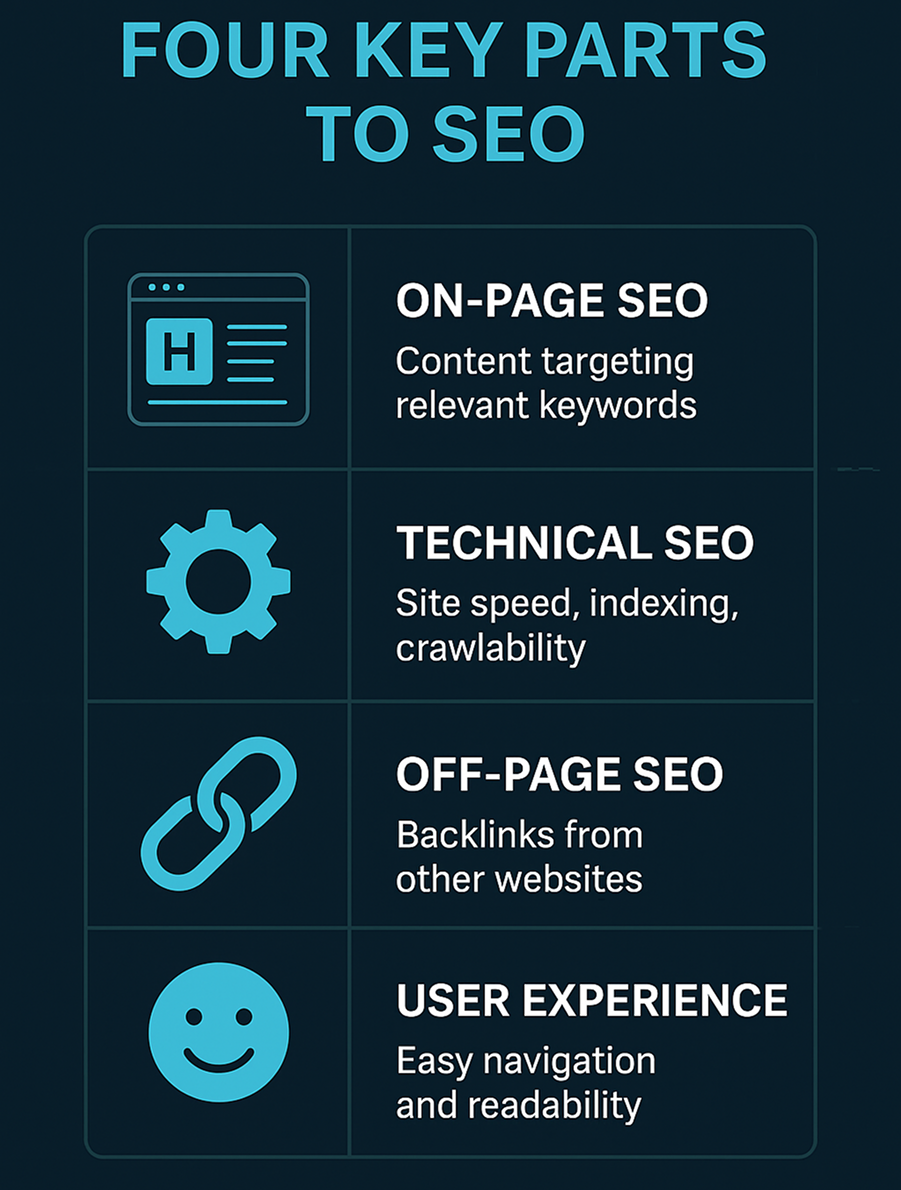 Infographic listing four key parts of SEO: On-page SEO, Technical SEO, Off-page SEO, and User Experience with icons and tips.