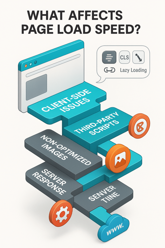3D infographic showing key factors that affect page load speed, from DNS and server time to images, scripts, and client-side issues.