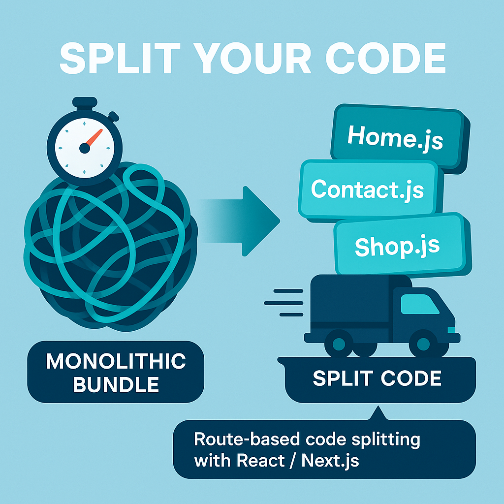Infographic comparing monolithic bundles to split code modules, showing faster performance with route-based code splitting in React/Next.js.