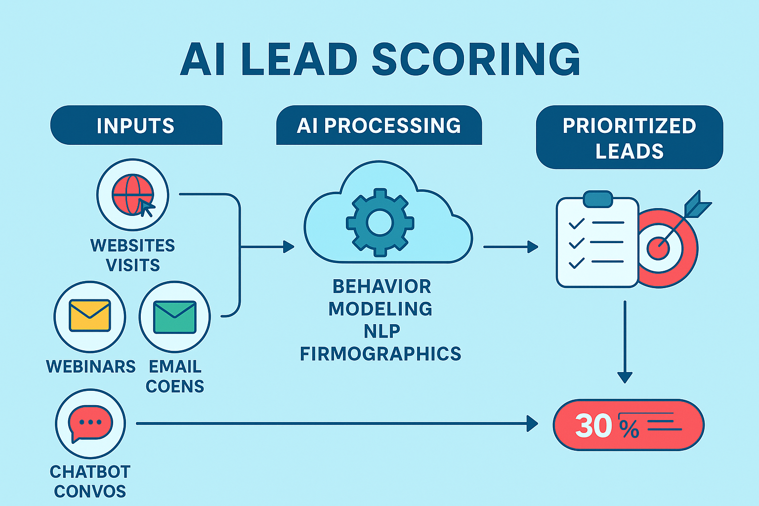 Infographic showing AI-driven lead targeting flow for B2B: input signals, NLP processing, and prioritized leads boosting 30% conversions.