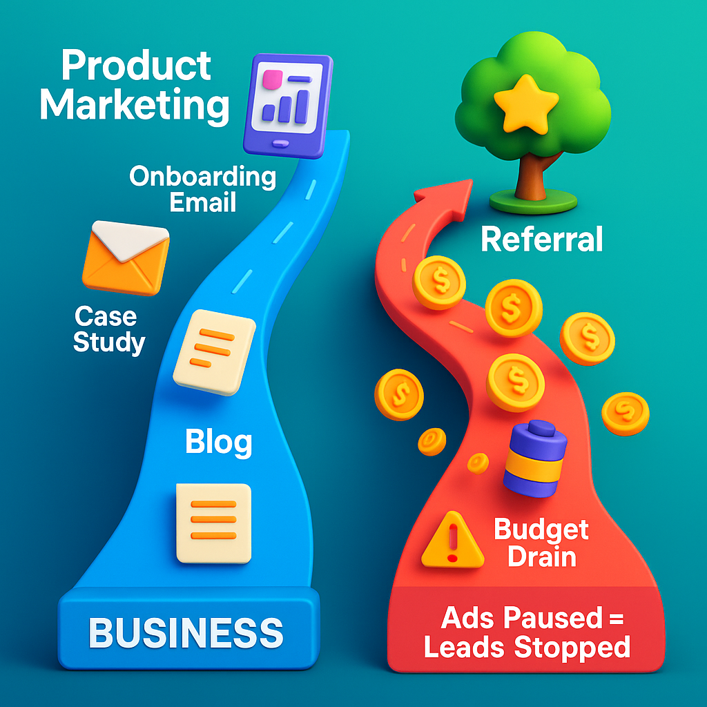 infographic showing two diverging roads: one for product marketing with organic growth icons, the other for paid ads showing budget drain