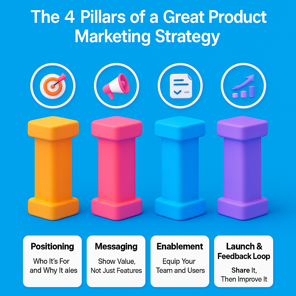 Infographic titled "The 4 Pillars of a Great Product Marketing Strategy," illustrating positioning, messaging, enablement, and feedback loop