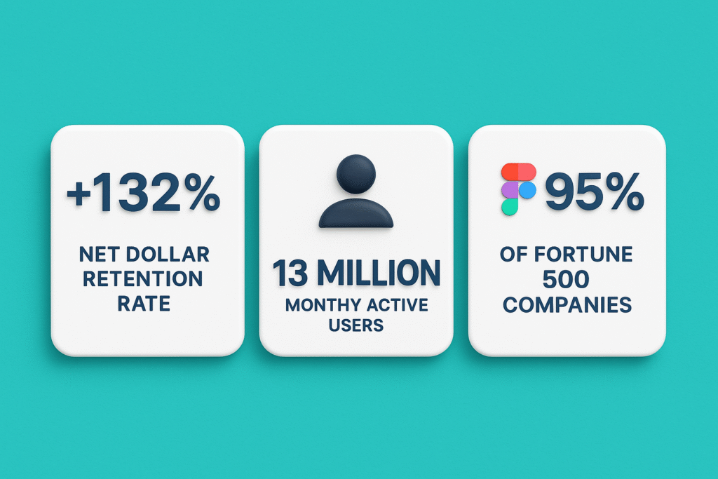 Horizontal infographic showing Figma’s growth metrics: 132% net dollar retention, 13M+ monthly users (mostly non-designers), and 95% Fortune 500 adoption