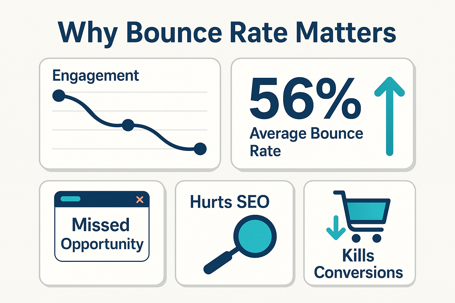 Infographic titled "Why Bounce Rate Matters," showing key stats: high bounce lowers SEO, hurts conversions, and signals poor user experience