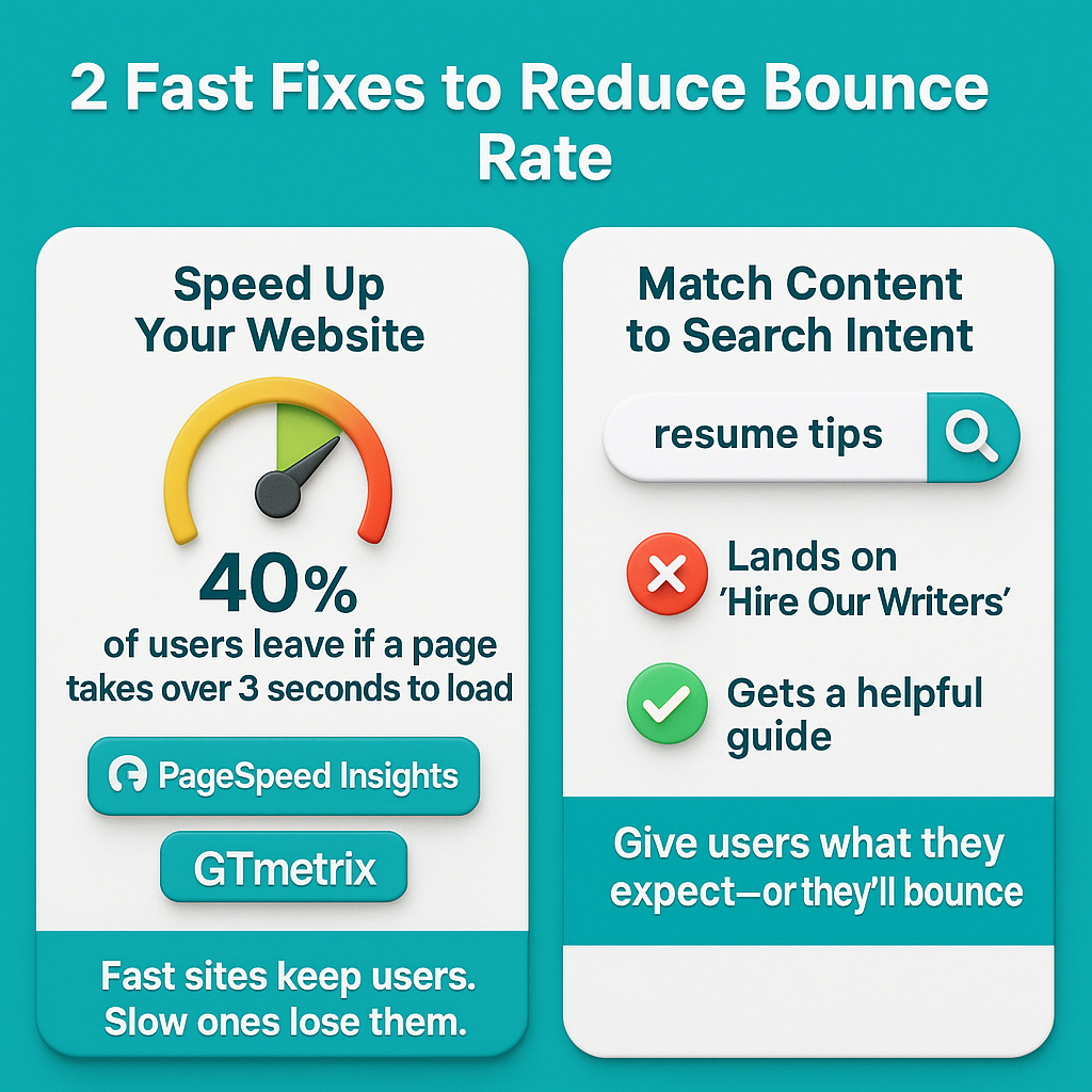 Infographic showing 2 ways to reduce bounce rate: improve website speed and match content to user search intent for better engagement.