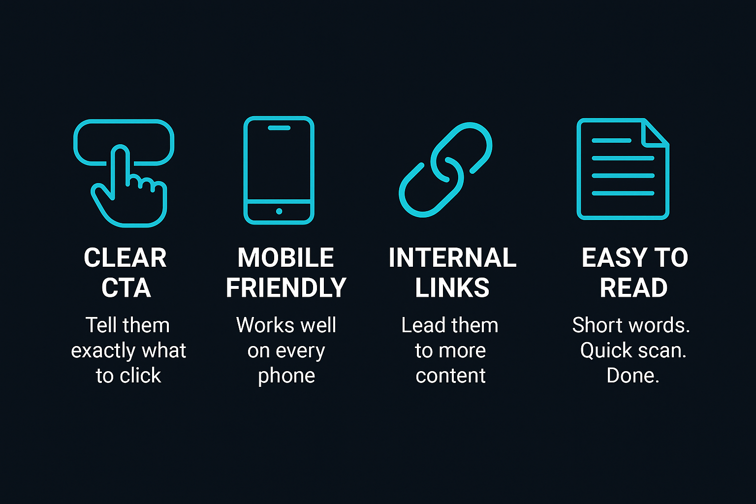 Infographic with four tips: clear CTA, mobile friendly design, internal links, and easy-to-read content on dark background.