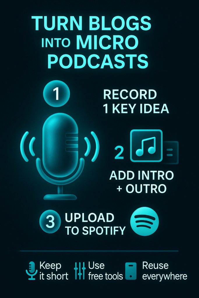 Infographic shows 3 steps to turn blogs into podcasts: record 1 idea, add intro/outro, upload to Spotify. Neon dark style.