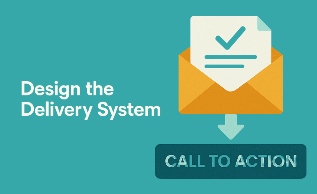 Envelope with document icon, arrow pointing to CTA button, symbolizing seamless lead magnet delivery and conversion funnel