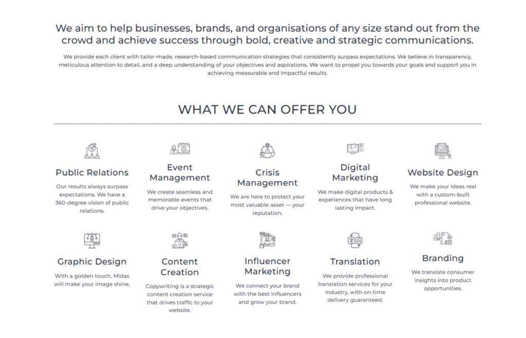 Midas PR Group services offered today