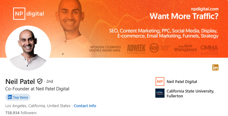 Neil Patel Co-Founder at Neil Patel Digital Linkedin Profile visual