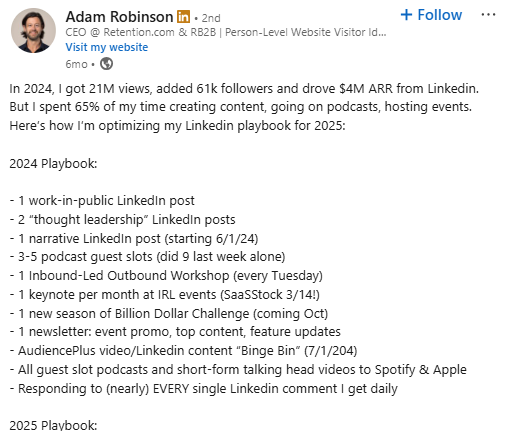 Adam Robinson LinkedIn posts examples used for his personal founder's branding