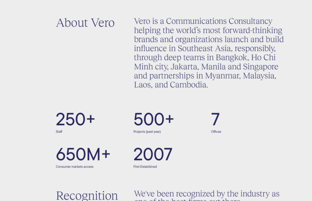 Vero agency statistics about their staff and projects completed
