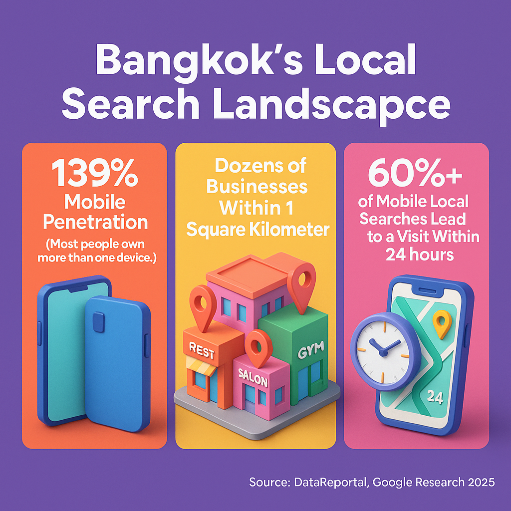 infographic titled "Bangkok's Local Search Landscape," showing high business density, 139% mobile penetration, and 60%+ mobile local searches leading to visits.