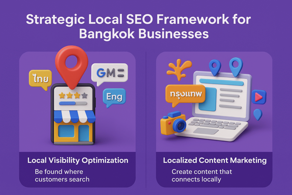 3D infographic showing local visibility optimization and localized content marketing for Bangkok businesses with vibrant icons.