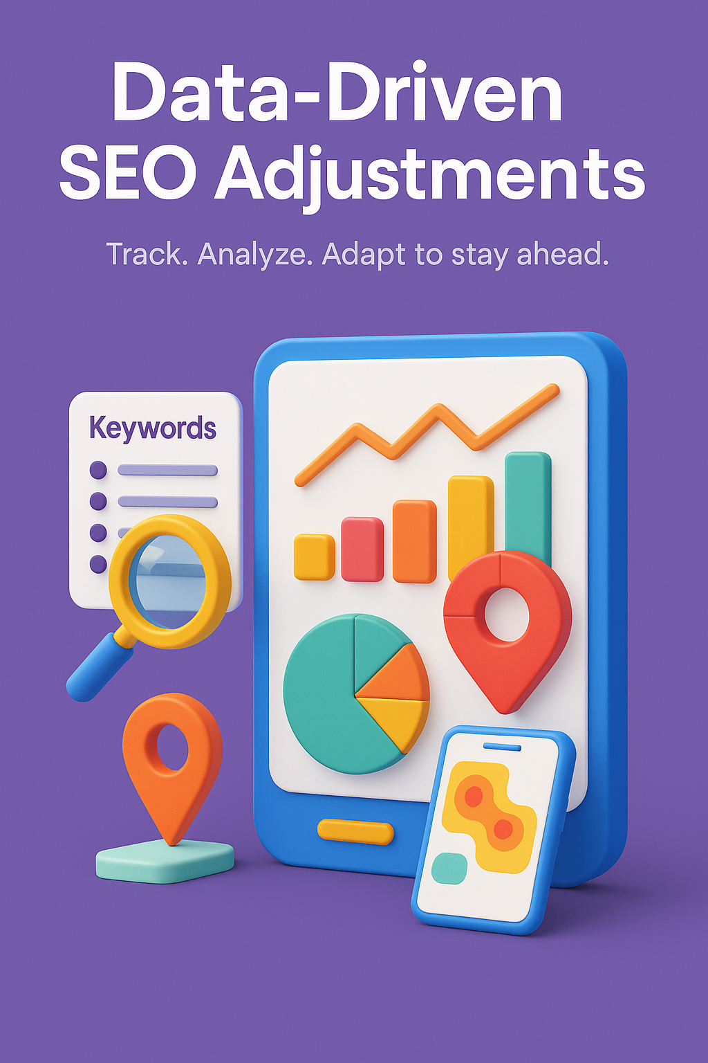 infographic titled "Data-Driven SEO Adjustments," showing a dashboard with colorful charts, a magnifying glass over keywords, location pins, and a smartphone heatmap