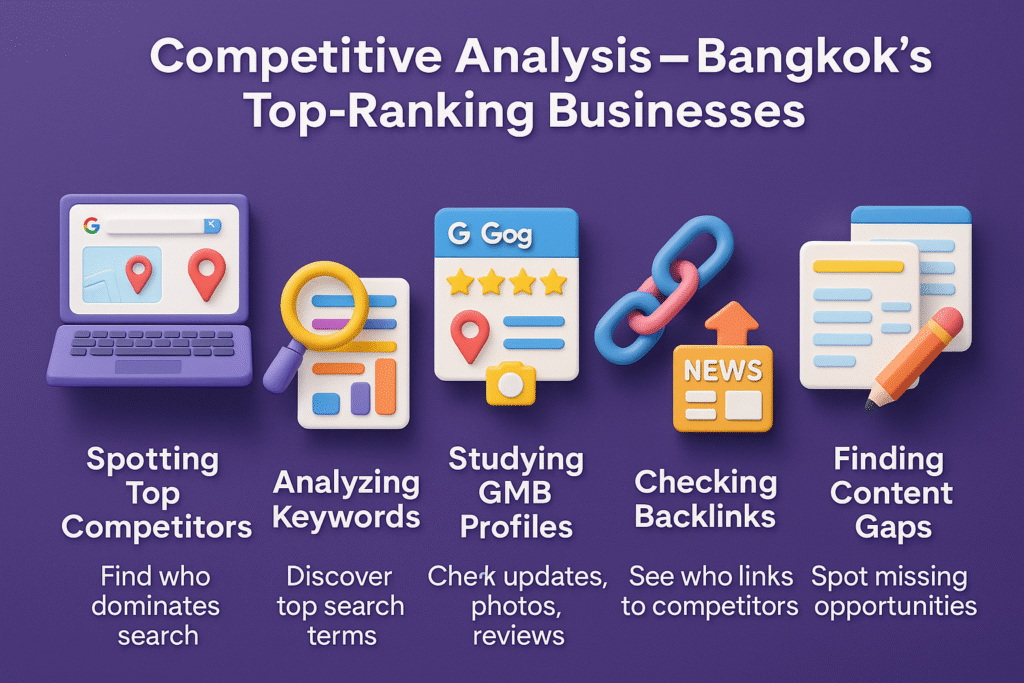 Infographic showing 5 steps for Bangkok SEO competitor analysis: find rivals, study keywords, GMB, backlinks, and content gaps.