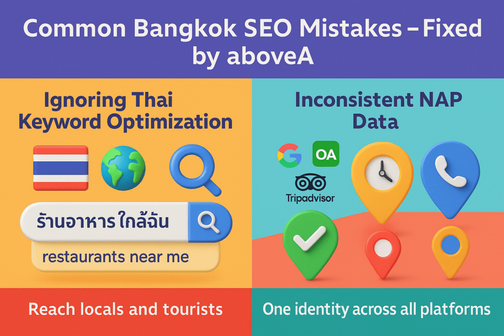 Infographic showing top Bangkok SEO mistakes: missing Thai keywords, inconsistent business info, weak mobile sites, poor Google Maps use, and review neglect.