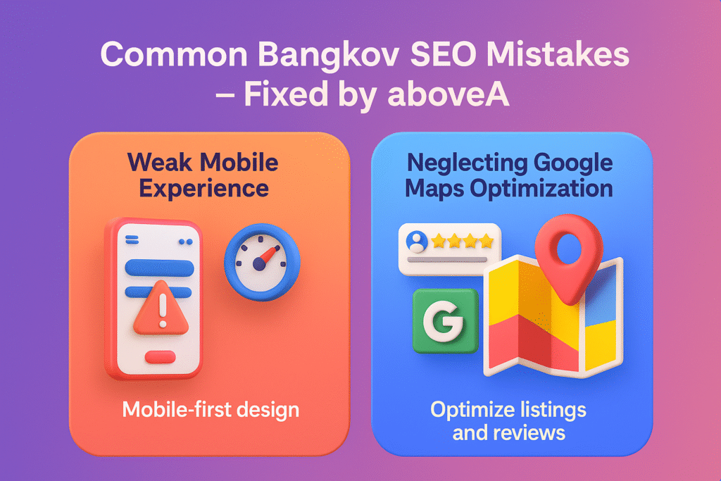 Infographic titled 'Common Bangkok SEO Mistakes – Fixed by aboveA' showing icons for weak mobile experience and neglecting Google Maps optimization
