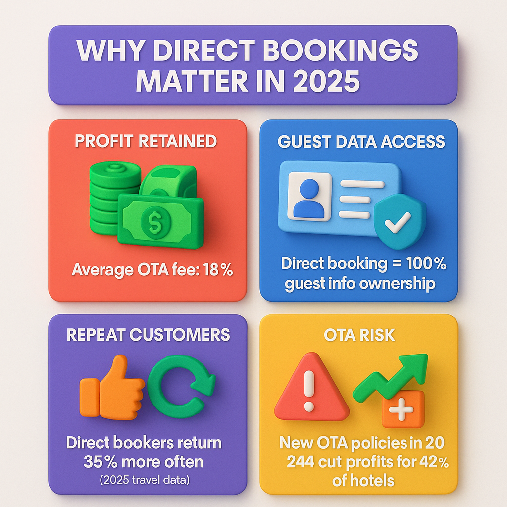 Infographic showing key benefits of direct hotel bookings in Thailand for 2025, including higher profits, guest data control, loyalty, and upselling potential.